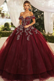 Burgundy Ball Gown Off the Shoulder Appliqued Long Quinceañera Dress