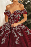 Burgundy Ball Gown Off the Shoulder Appliqued Long Quinceañera Dress