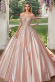 Off The Shoulder Blush Half Sleeves Appliqued Satin Quinceañera Dress