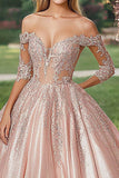Off The Shoulder Blush Half Sleeves Appliqued Satin Quinceañera Dress