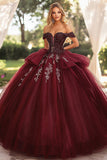 Burgundy Ball Gown Strapless Off The Shoulder Quinceañera Dress