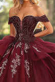 Burgundy Ball Gown Strapless Off The Shoulder Quinceañera Dress