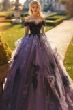 Black Off the Shoulder Maxi Tulle Quinceañera Dress with Lace Appliques