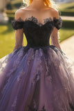 Black Off the Shoulder Maxi Tulle Quinceañera Dress with Lace Appliques