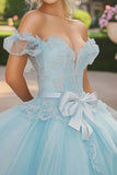 Princess Sky Blue Tulle Laced Appliques Quinceañera Dress with Bow