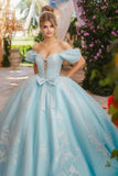 Sky Blue Off the Shoulder Lace-Up Appliques Tulle Quinceañera Dress with Bow