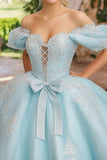 Sky Blue Off the Shoulder Lace-Up Appliques Tulle Quinceañera Dress with Bow
