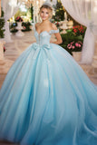 Sky Blue Ball Gown Bow Tulle Quinceañera Dress with Lace Appliques