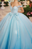 Sky Blue Ball Gown Bow Tulle Quinceañera Dress with Lace Appliques