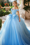 Sky Blue Ball Gown Off the Shoulder Tulle Quinceañera Dress with Bow