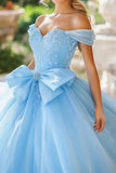 Sky Blue Ball Gown Off the Shoulder Tulle Quinceañera Dress with Bow