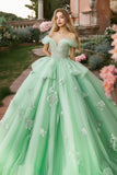 Princess Mint Ball Gown Ruffles Tulle Quinceañera Dress with Lace Appliques