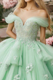 Princess Mint Ball Gown Ruffles Tulle Quinceañera Dress with Lace Appliques