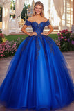 Royal Blue Ball Gown Maxi Off the Shoulder Quinceanera Dress with Appliques