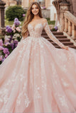 Pink Ball Gown Sweetheart Long Sleeves Tulle Appliqued Quinceañera Dress