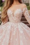 Pink Ball Gown Sweetheart Long Sleeves Tulle Appliqued Quinceañera Dress
