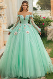 Mint Off The Shoulder Maxi Tulle Quinceañera Dress with 3D Flowers
