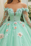 Mint Off The Shoulder Maxi Tulle Quinceañera Dress with 3D Flowers