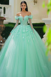 Mint Princess Off The Shoulder Tulle Quinceañera Dress with Lace Applique