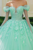 Mint Princess Off The Shoulder Tulle Quinceañera Dress with Lace Applique