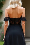 Black A Line Off the Shoulder Corset Lace Prom Dress with Slit