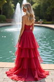 Sparkly Sweetheart Corset Red A Line Tiered Long Prom Dress