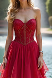Sparkly Sweetheart Corset Red A Line Tiered Long Prom Dress