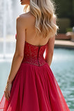 Sparkly Sweetheart Corset Red A Line Tiered Long Prom Dress