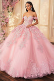 Pink Off the Shoulder Princess Tulle Appliqued Maxi Quinceañera Dress