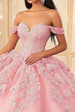 Pink Off the Shoulder Princess Tulle Appliqued Maxi Quinceañera Dress