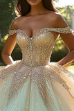 Sparkly Champagne Ball Gown Off the Shoulder Tulle Quinceañera Dress