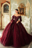 Burgundy Lace Off The Shoulder Maxi Quinceañera Dress with 3/4 Sleeves