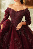 Burgundy Lace Off The Shoulder Maxi Quinceañera Dress with 3/4 Sleeves
