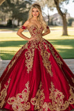Gorgeous Red Golden Satin Maxi Quinceañera Dress with Appliques
