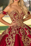 Gorgeous Red Golden Satin Maxi Quinceañera Dress with Appliques