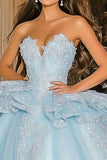Sky Blue Ball Gown Strapless Ruffled Tulle Quinceañera Dress with Appliques