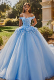 Sky Blue Ball Gown Off the Shoulder Tulle 3D Flowers Quinceañera Dress