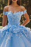 Sky Blue Ball Gown Off the Shoulder Tulle 3D Flowers Quinceañera Dress