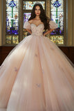 Pink Ball Gown Short Sleeves Appliqued Tulle Quinceañera Dress