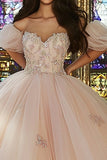 Pink Ball Gown Short Sleeves Appliqued Tulle Quinceañera Dress