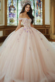 Pink Ball Gown Off The Shoulder Tulle Quinceañera Dress with Sequins
