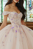 Pink Ball Gown Off The Shoulder Tulle Quinceañera Dress with Sequins
