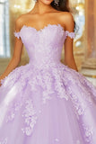 Lilac Ball Gown Off the Shoulder Sweetheart Appliqued Quinceañera Dress