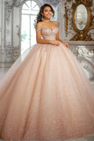 Glitter Champagne Off The Shoulder Appliqued Quinceañera Dress