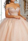 Glitter Champagne Off The Shoulder Appliqued Quinceañera Dress