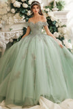 Dusty Sage Off The Shoulder Sweetheart Appliqued Tulle Quinceañera Dress