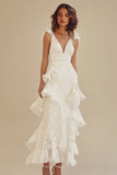 Leely Women White Lace Deep V-Neck Graduation Dress with Ruffles Sheath Chiffon Engagement Dress