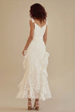 White Lace Deep V-Neck Graduation Dress with Ruffles