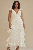 White Lace Deep V-Neck Plus Size Engagement Dress with Ruffles
