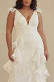 White Lace Deep V-Neck Plus Size Engagement Dress with Ruffles